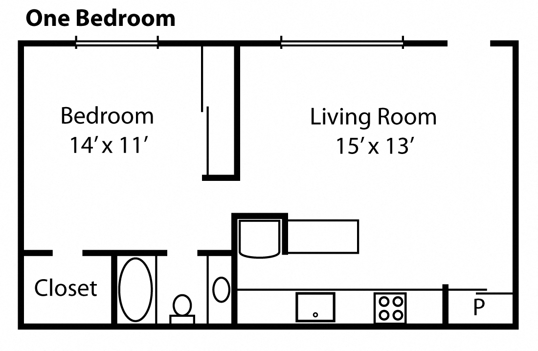 Floor plan for 1 bed, 1 bath, 600 sqft